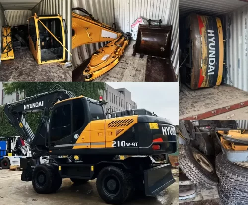 Dismantled Hyundai excavator loaded in container